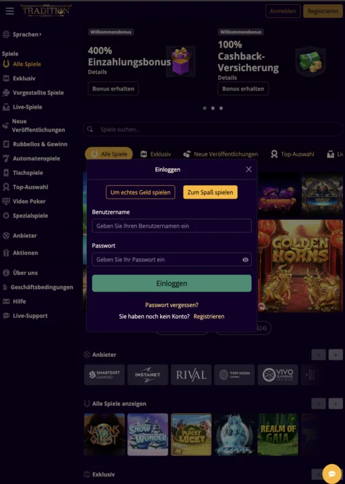 Login bei Tradition Casino 