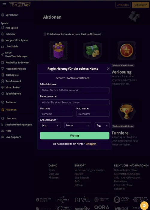 Registrierung bei Tradition Casino 
